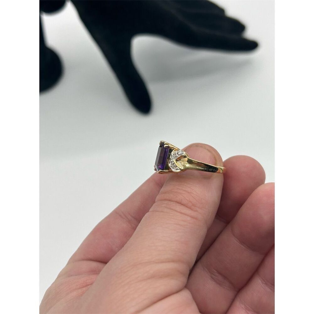 Vintage 10K Yellow Gold Amethyst & Diamond Cocktail Ring Size 7 - Picture 4 of 5